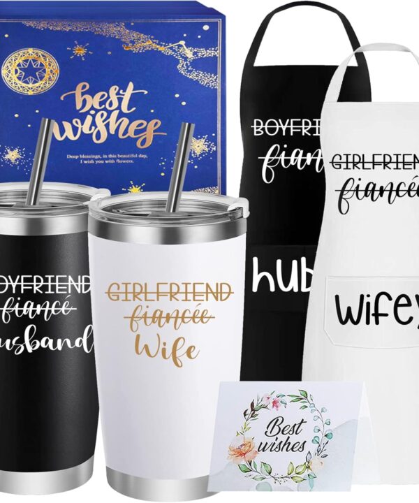 Husband & Wife Travel Tumbler Apron Set - Unique Wedding Gifts for Couples - His & Hers - Engagement, Anniversary, Valentine's Day & Bridal Shower