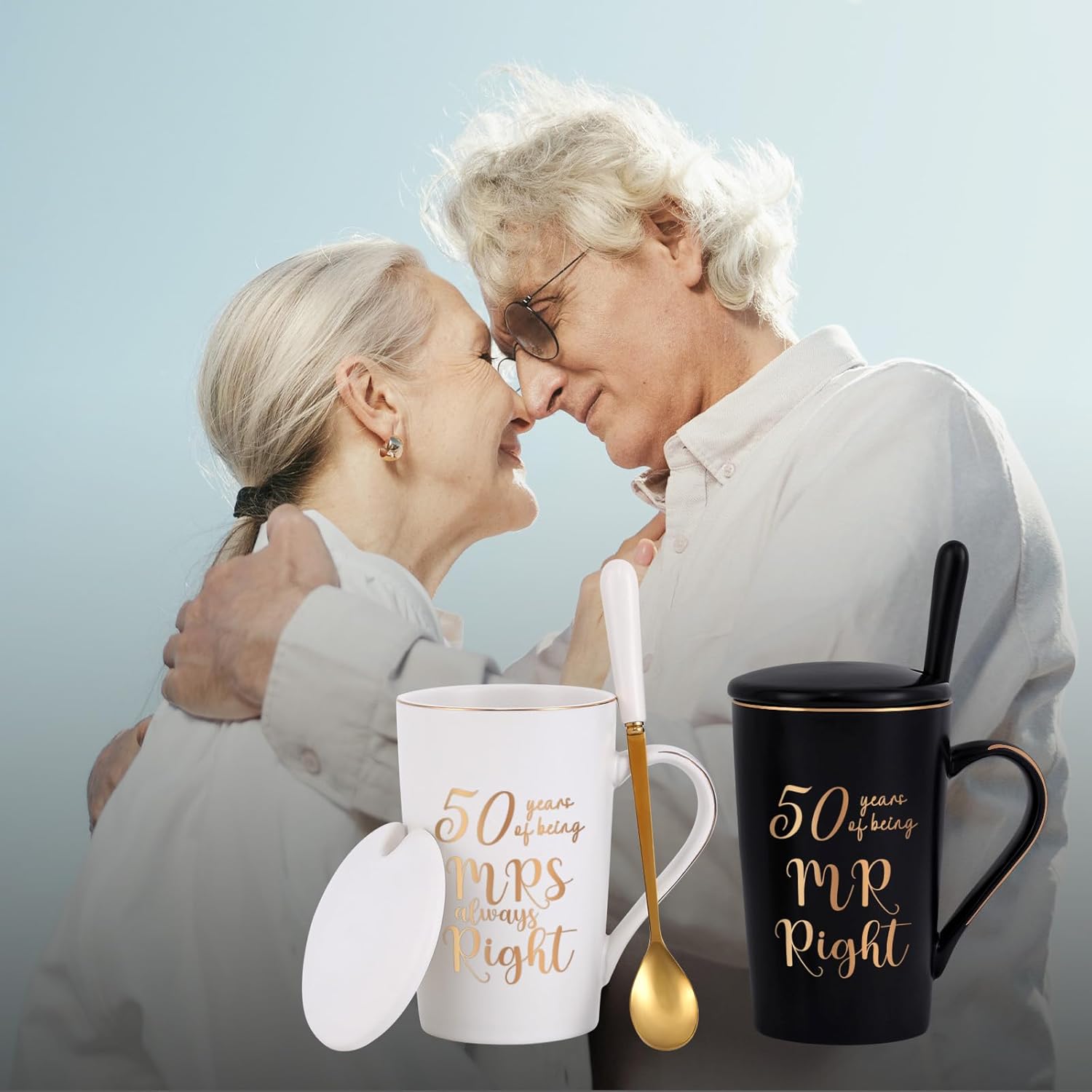 YHRJWN – 50th Wedding Gifts, 50 Years of Being Mr & Mrs Always Right Mug Set, Wedding Gifts Ideas for Parents Couple, 14 Oz with Lids and Gift Box