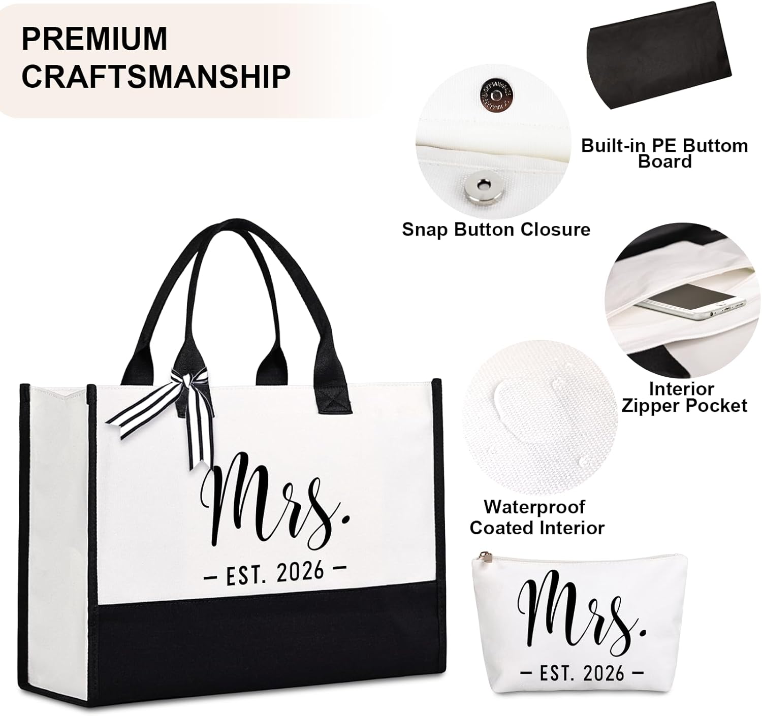 Lamyba Bride Tote Bag,Bridal Shower/Bachelorette Party/Wedding Day Gifts for Bride To Be,Mrs Bag EST 2026,Interior Pocket,Black and White