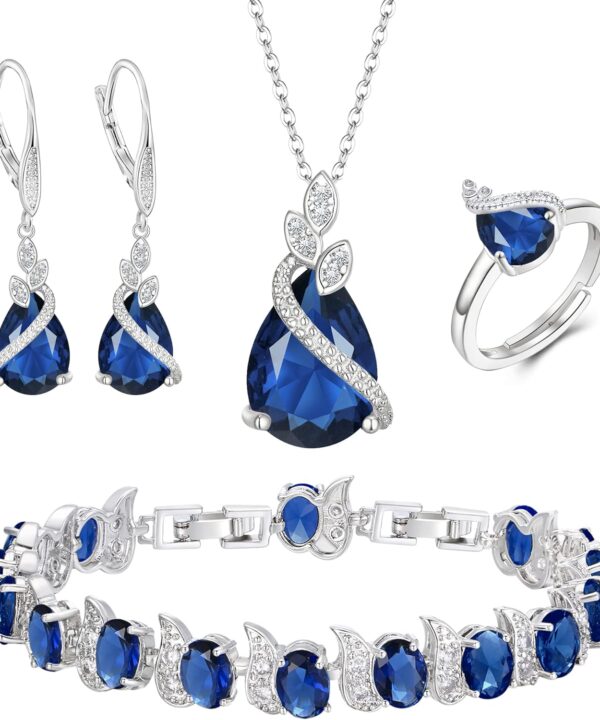 BriLove Jewelry Set for Bride, Sparkling Water Drop Cubic Zirconia Crystal Pendant Necklace Leverback Earrings Tennis Bracelet Adjustable Ring Gift for Wedding/Birthday/Mother's Day/Christmas