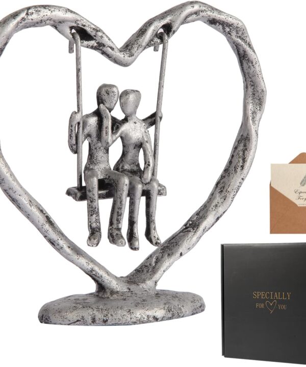 25th/Silver Anniversary Wedding Gifts for Wife/Her/Him,Valentine's Day/Birthday/Wedding Gifts for Couples,Heart Sculpture/Figurine,Handcrafted Antique Silver Metal Couple Statue Decor