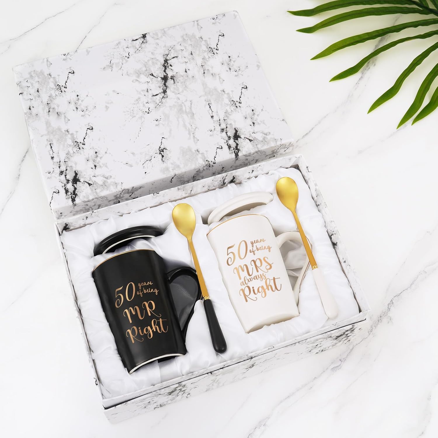 YHRJWN – 50th Wedding Gifts, 50 Years of Being Mr & Mrs Always Right Mug Set, Wedding Gifts Ideas for Parents Couple, 14 Oz with Lids and Gift Box