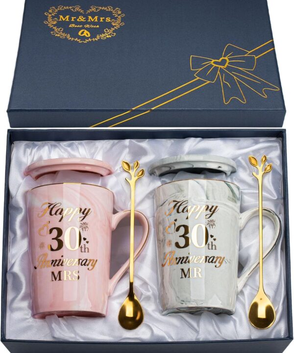 30th Anniversary Wedding Gifts, Pearl Anniversary Wedding Gift 2PCS Happy 30th Weddin-g Anniversar-y Mr Mrs Gift Marble Ceramic Cup Set 14oz, 30t-h Anniversar-y Couple Gifts for Parents, with Giftbox