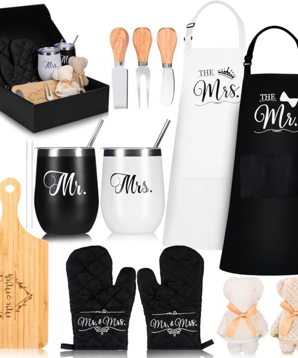 Wedding Gifts for Couples Personalized Mr & Mrs Gifts Engagement Gift for Newlyweds Wedding Honeymoon Present with 12 oz Insulated Tumblers Charcuterie Boards and Knives Mr & Mrs Aprons Gloves