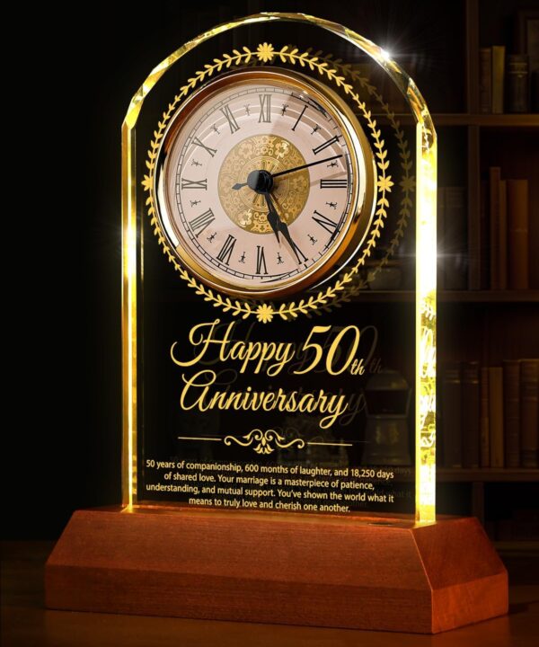 50th Wedding Anniversary Crystal Quartz Clock with Wooden Light Base,50 Years of Marriage Gift,Happy Golden Anniversary Decoration Gift,for Parents,Grandparents,Couple