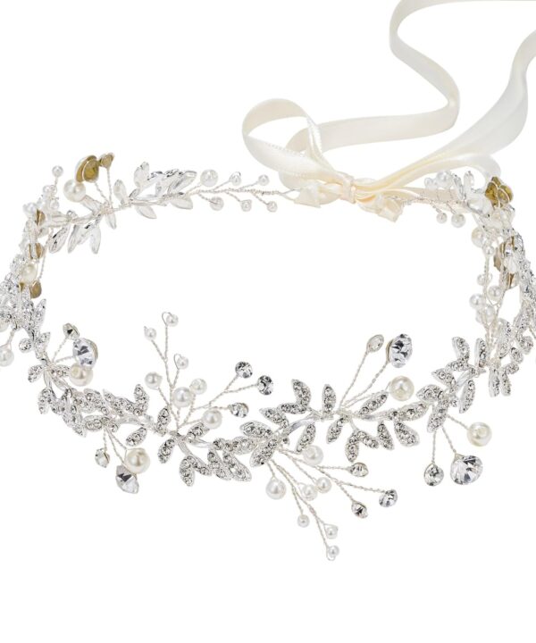 SWEETV Crystal Bridal Headpiece Silver Wedding Headband for Brides Pearl Hair Vine Rhinestone Hair Accessories for Women