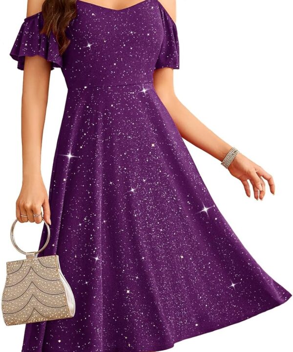 Meetjen Women's Sparkly Prom Dresses Formal Off Shoulder Tea Party V-Neck Spaghetti Straps A-line Sequin Cocktail Dress