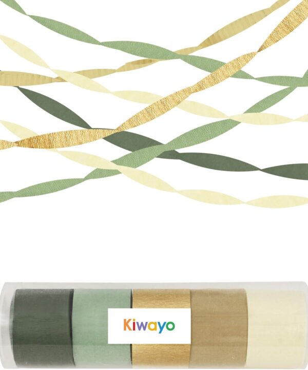 Birthday Decorations, Sage Green Gold Crepe Paper Streamers Party Decorations(5 Rolls) for Woodland Baby Shower, Camp Bachelorette, Bridal Shower, Wedding, Engagement Safari Boho Party Decor