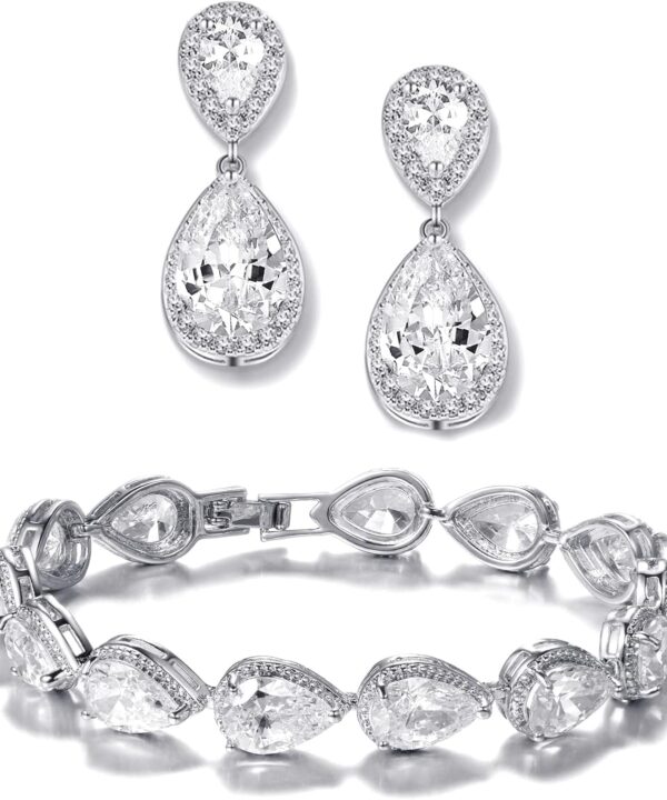 UDYLGOON Teardrop Earrings & Bracelet Set, Gold Plated Wedding Jewelry Set for Bride Bridesmaid, Women's Party Prom Gift