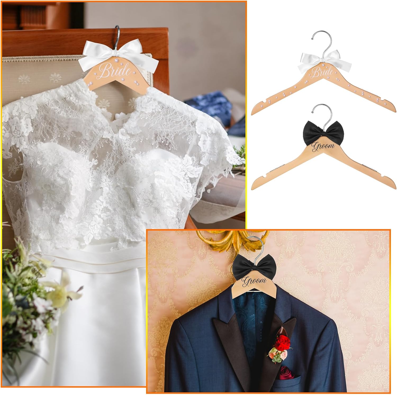 2 Pcs Bride and Groom Wooden Hangers with Bow Tie Wedding Hangers for Tuxedo Favors Wedding Gift Bridal Party Shower(Fresh)