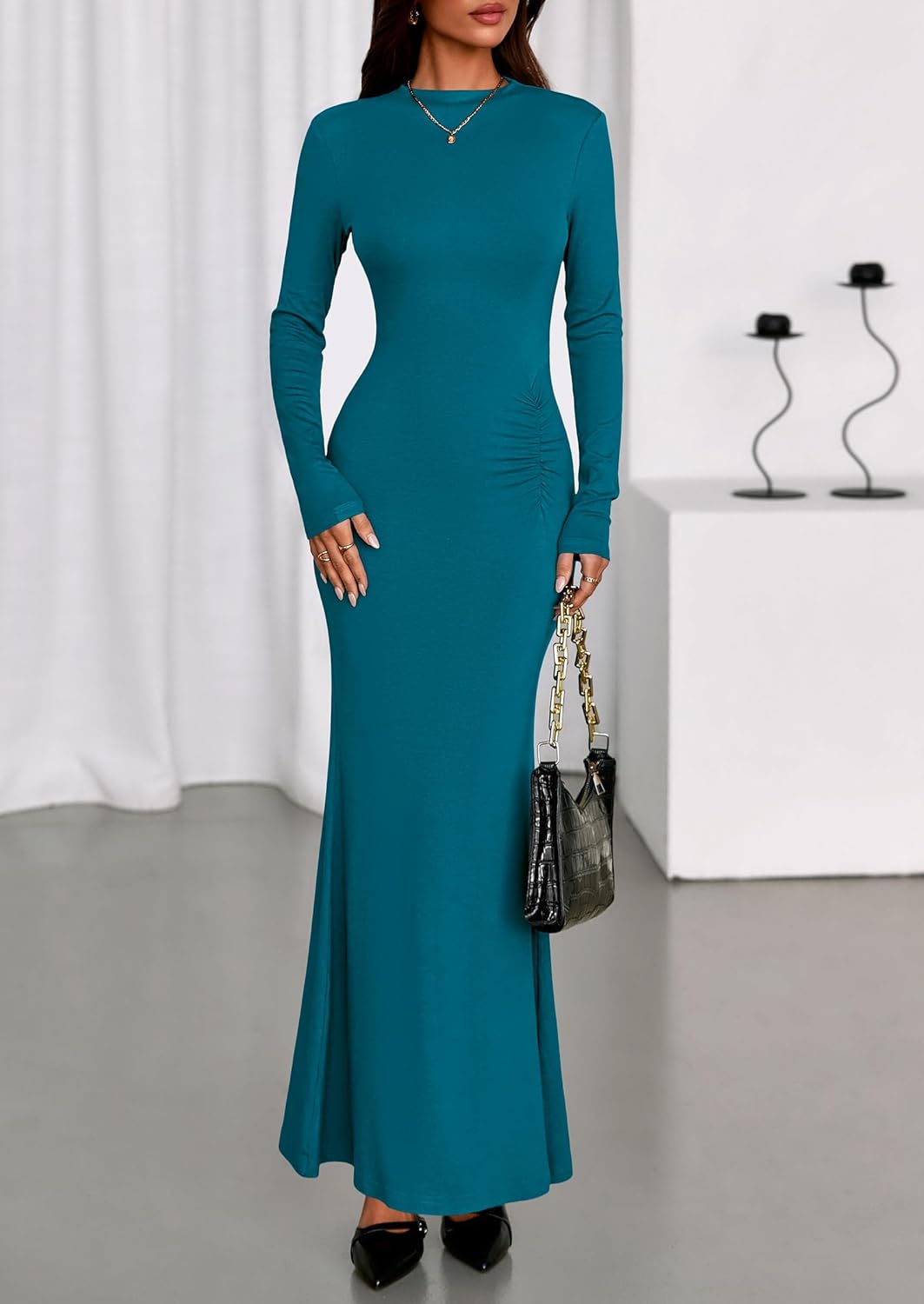 PRETTYGARDEN Fall Dresses for Women 2026 Long Sleeve Bodycon Mock Neck Ruched Maxi Formal Cocktail Wedding Guest Dress