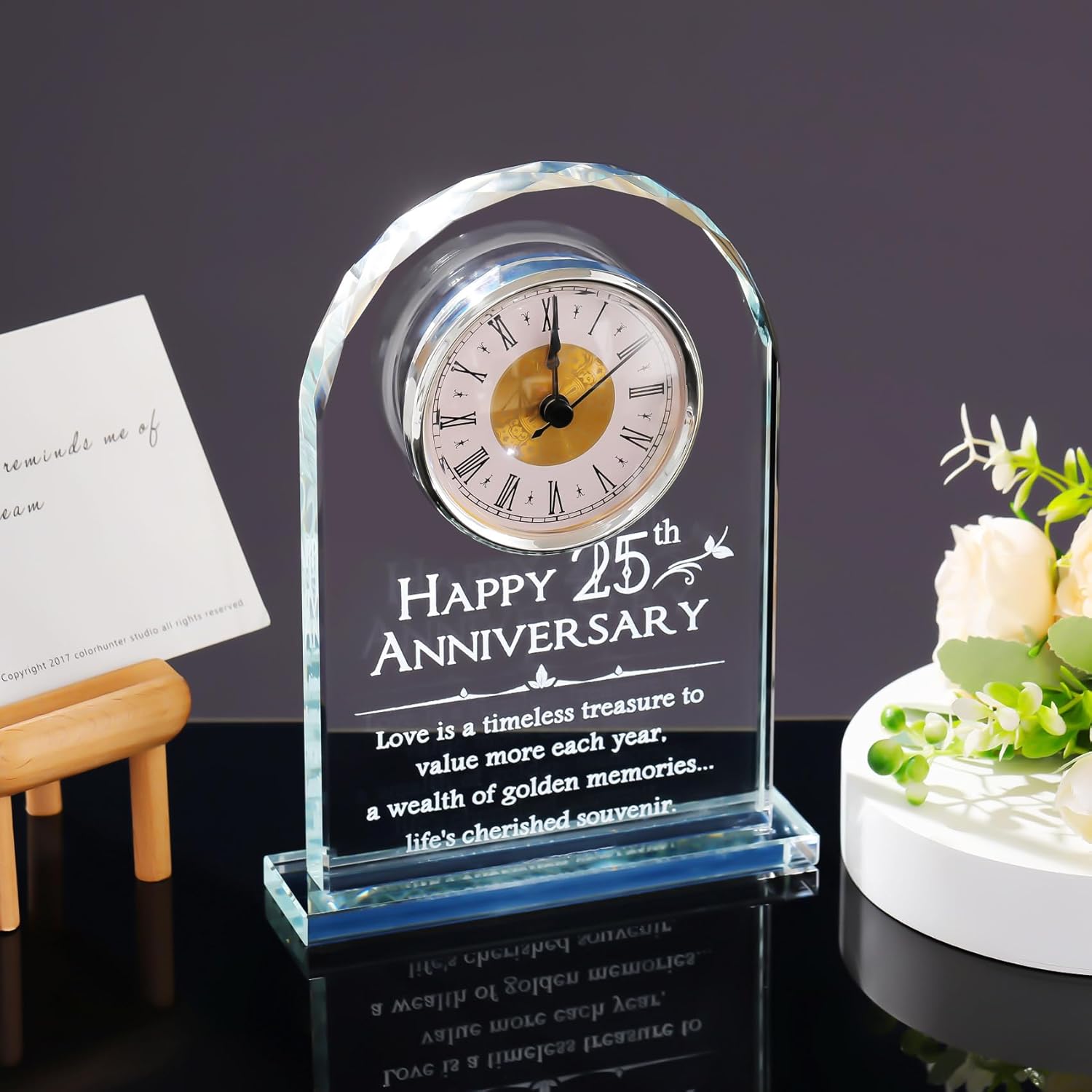 YWHL 25th Wedding Anniversary Clock Gifts for Couple, 25 Year Anniversary Keepsake Gifts for Husband/Wife, Glass Clock Decoration for 25 Years for Marriage (Battery not Included)
