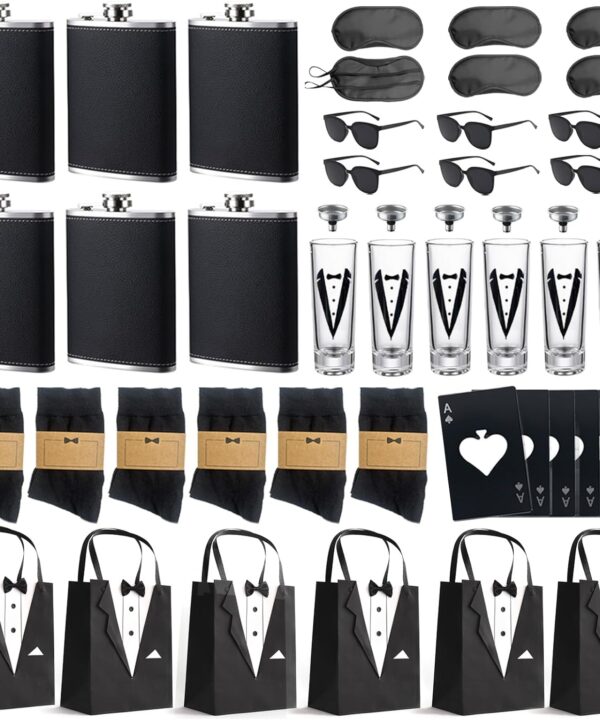 48Pcs Groomsmen Gifts Set of 6 for Wedding Party, Groomsmen Proposal Gift-Tuxedo Bags&Steel Hip Flasks | Sunglasses | Socks | Glass Cups | Bottle Opener, Elegant Man Box Can Creating Lasting Memories