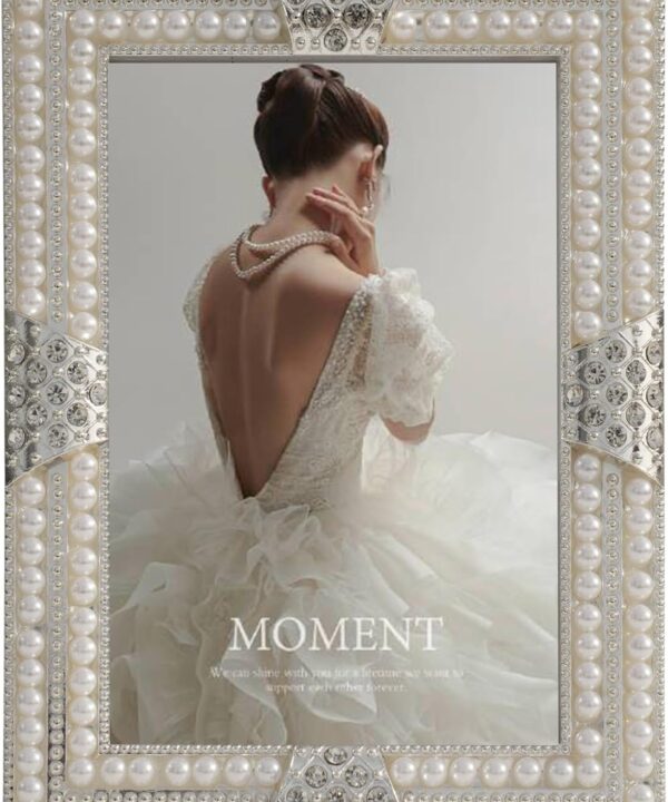 DIKAR 5x7 Picture Frame with Pearls for Couples, Wedding Picture Frames for Horizontal and Vertical Tabletop Display (cream)