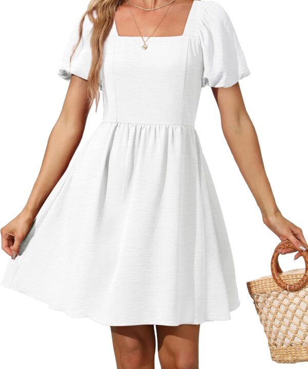 OFEEFAN Women Puff Sleeve Square Neck Tie in Back Dresses with Zipper