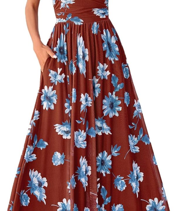 BTFBM Summer Dresses for Women 2026 Floral Maxi Dress Sleeveless Mesh Flowy Long Sundress Beach Vacation Clothes Pockets