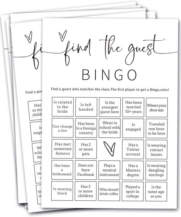 Bridal Shower Bingo, 25Pcs Prefilled Find the Guest Bingo Game Cards, Engagement Party Games for Guests, Minimalist White Wedding Party Supplies - A19