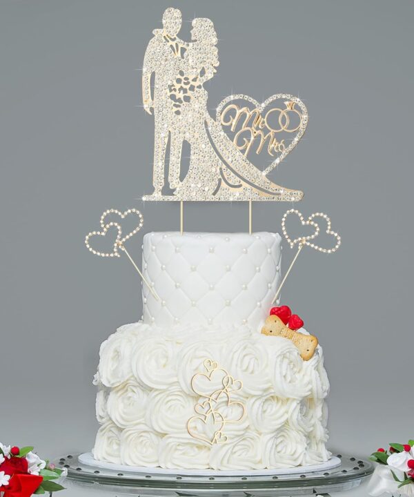 Spiareal 4 Pcs Wedding Cake Topper Mr and Mrs Rhinestone Bride and Groom Love Cake Topper Metal Crystal Heart Shaped Happy Engagement Anniversary Funny Diamond Party Decor for Bridal Shower(Gold)