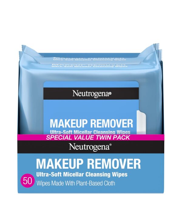 Neutrogena Makeup Remover Wipes Micellar Alcohol-Free Face Towelettes Remove Waterproof Mascara & Oil, Compostable 100% Plant-Based Cloth, Dermatologist & Ophthalmologist Tested, Twin Pack 2 x 25 ct