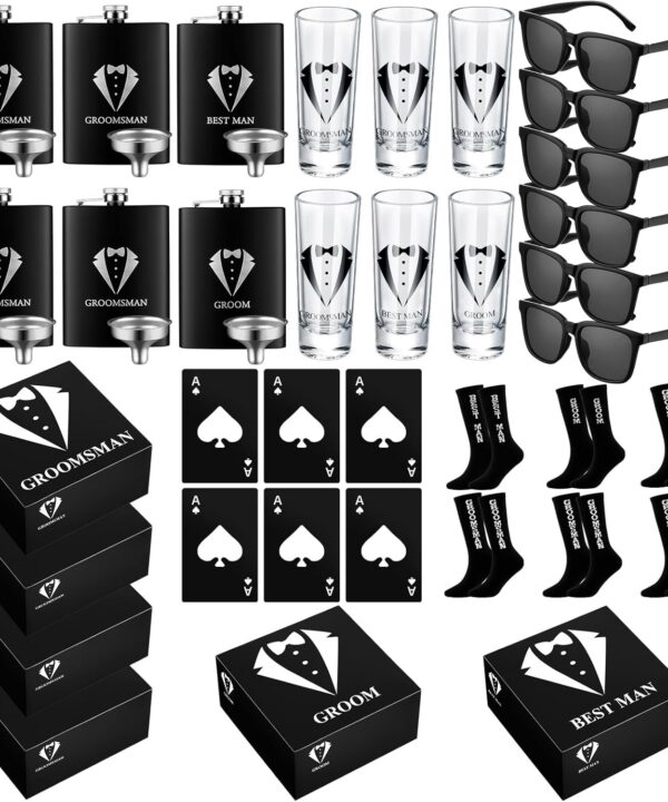 Leumoi 36 Pcs Groomsmen Gifts Box Set Groomsmen Box Stainless Steel Flask Shot Glasses Beer Bottle Poker Card Opener Sunglasses Socks Proposal Gift for Wedding Party