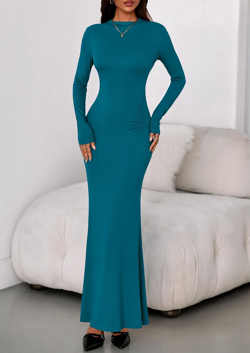 PRETTYGARDEN Fall Dresses for Women 2026 Long Sleeve Bodycon Mock Neck Ruched Maxi Formal Cocktail Wedding Guest Dress