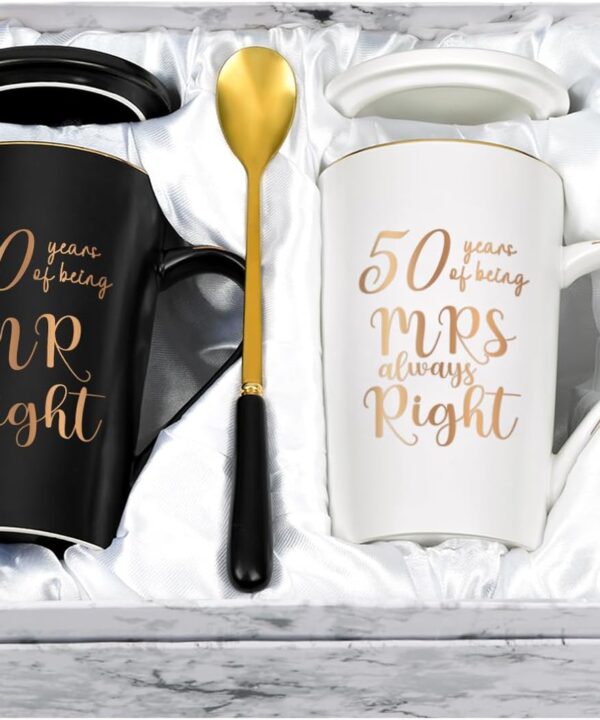 YHRJWN - 50th Wedding Gifts, 50 Years of Being Mr & Mrs Always Right Mug Set, Wedding Gifts Ideas for Parents Couple, 14 Oz with Lids and Gift Box