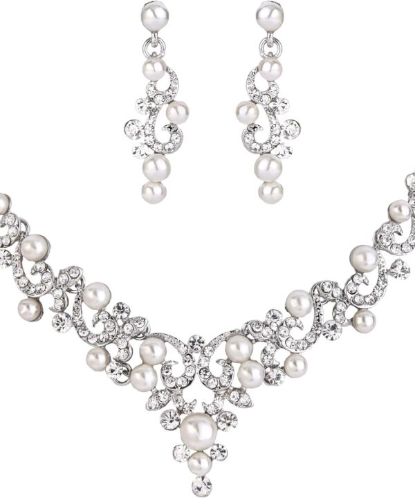 BriLove Wedding Bridal Simulated Pearl Necklace Earrings Jewelry Set for Women Filigree Vine Y-Necklace Dangle Earring Clear Silver-Tone