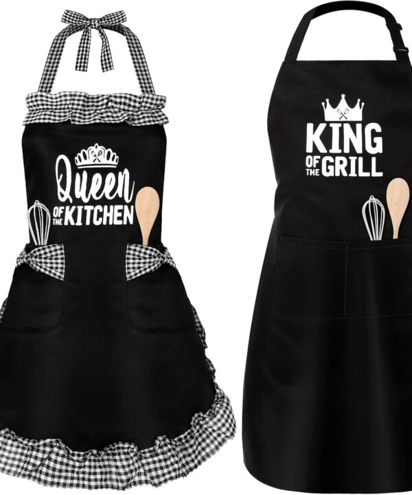 Valentine's King & Queen Aprons for Couple Gift for Anniversary Bridal Shower Wedding Engagement Kitchen Gift