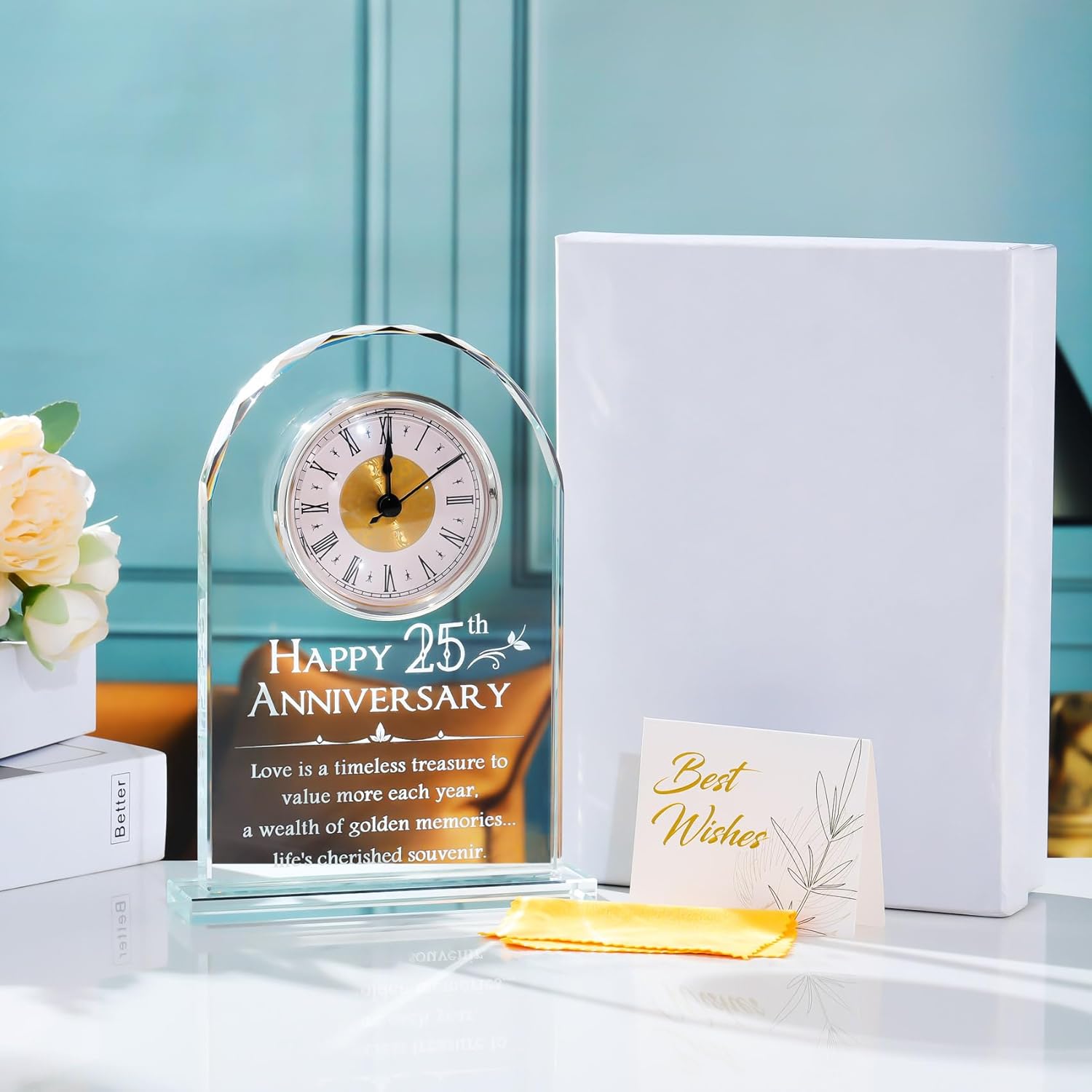 YWHL 25th Wedding Anniversary Clock Gifts for Couple, 25 Year Anniversary Keepsake Gifts for Husband/Wife, Glass Clock Decoration for 25 Years for Marriage (Battery not Included)