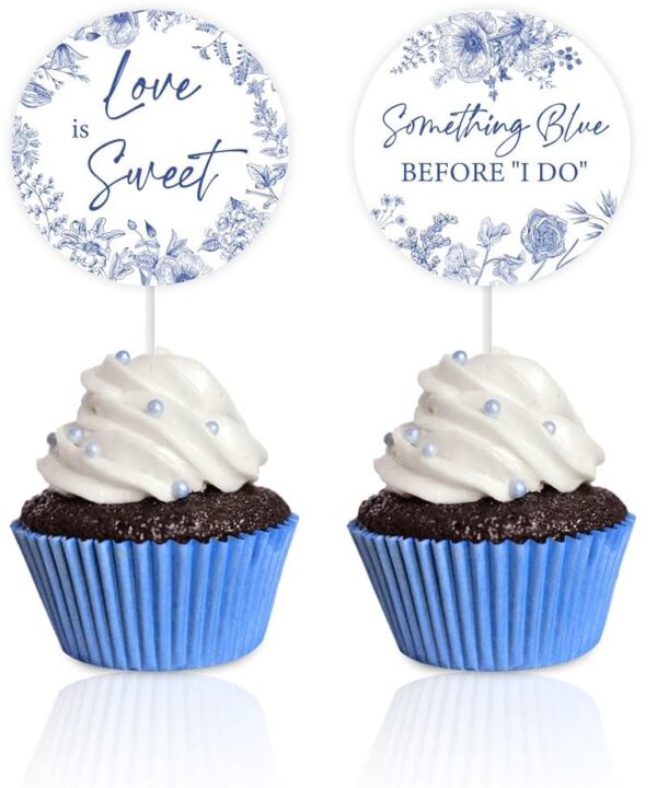 Jollyboom Something Blue Before I Do Bridal Shower Decorations, 12pcs Love is Sweet Double-sided Printing Cake Toppers for Bridal Shower Bachelorette Wedding Engagement Party