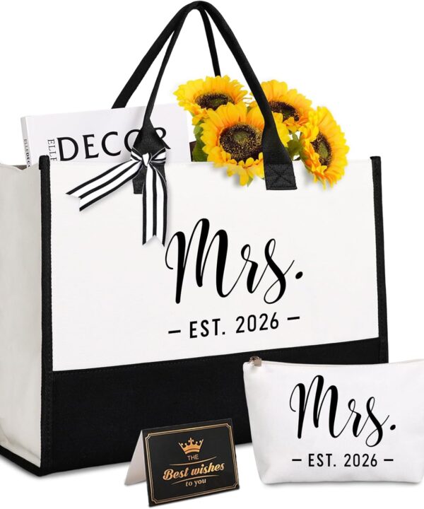 Lamyba Bride Tote Bag,Bridal Shower/Bachelorette Party/Wedding Day Gifts for Bride To Be,Mrs Bag EST 2026,Interior Pocket,Black and White