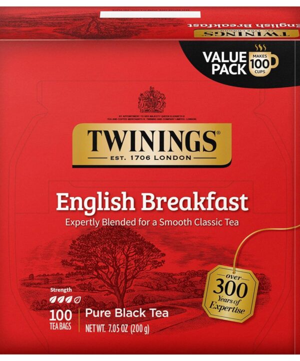 Twinings English Breakfast Black Tea Individually Wrapped Bags, 100 Count (Pack of 1), Smooth, Flavourful, and Robust, Caffeinated, Enjoy Hot or Iced, 100 Teabags