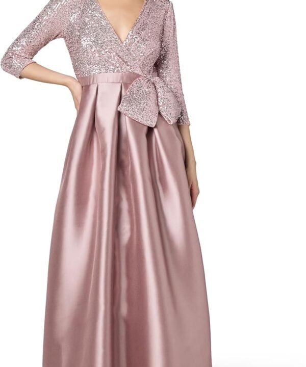 Eliza J Womens 3/4 Sleeve Sequined Satin Gown with Bow Detail