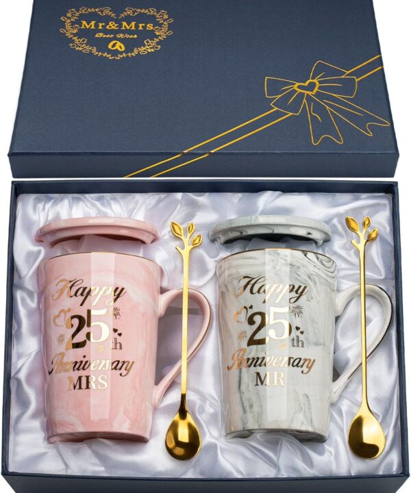 25th Anniversary Wedding Gifts, Silver Wedding Gifts Anniversary 2PCS Happy 25th Anniversar-y Mr Mrs Gift-s Marble Ceramic Cups Set 14oz, Silver Anniversar-y Couple Gift-s for Parents, Grandparents