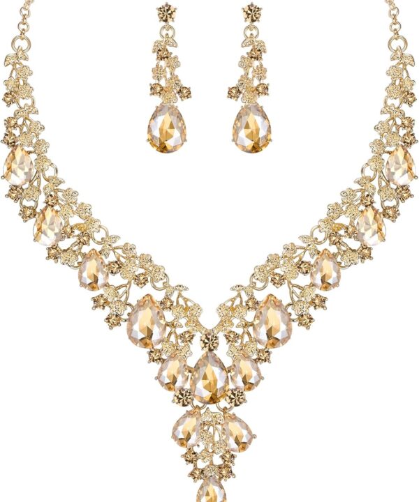 BriLove Women's Wedding Bridal Austrian Crystal Teardrop Flower Cluster Statement Necklace Dangle Earrings Jewelry Set for Party Prom