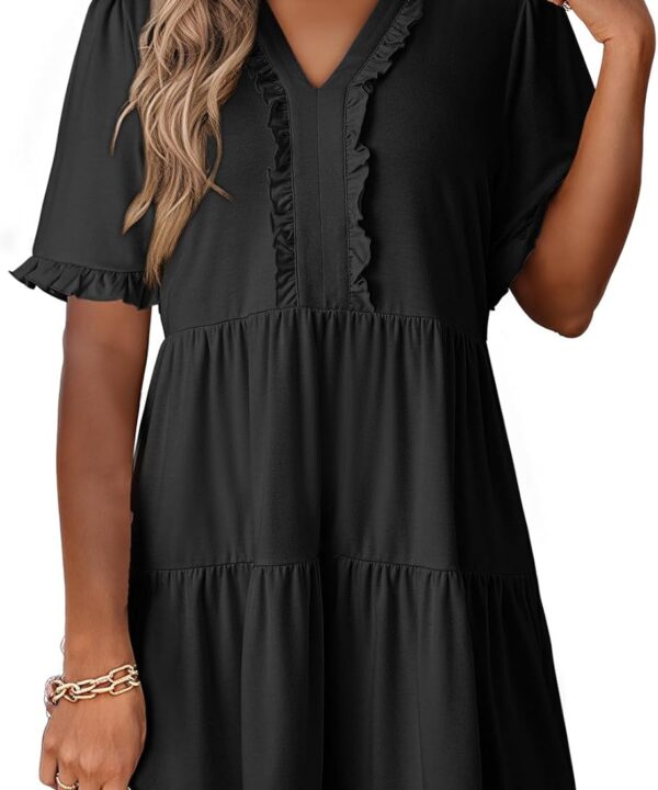 Dokotoo Women's V Neck Short Sleeve Tiered Ruffle Mini Skater Dress Casual Summer Swing Tunic Dress