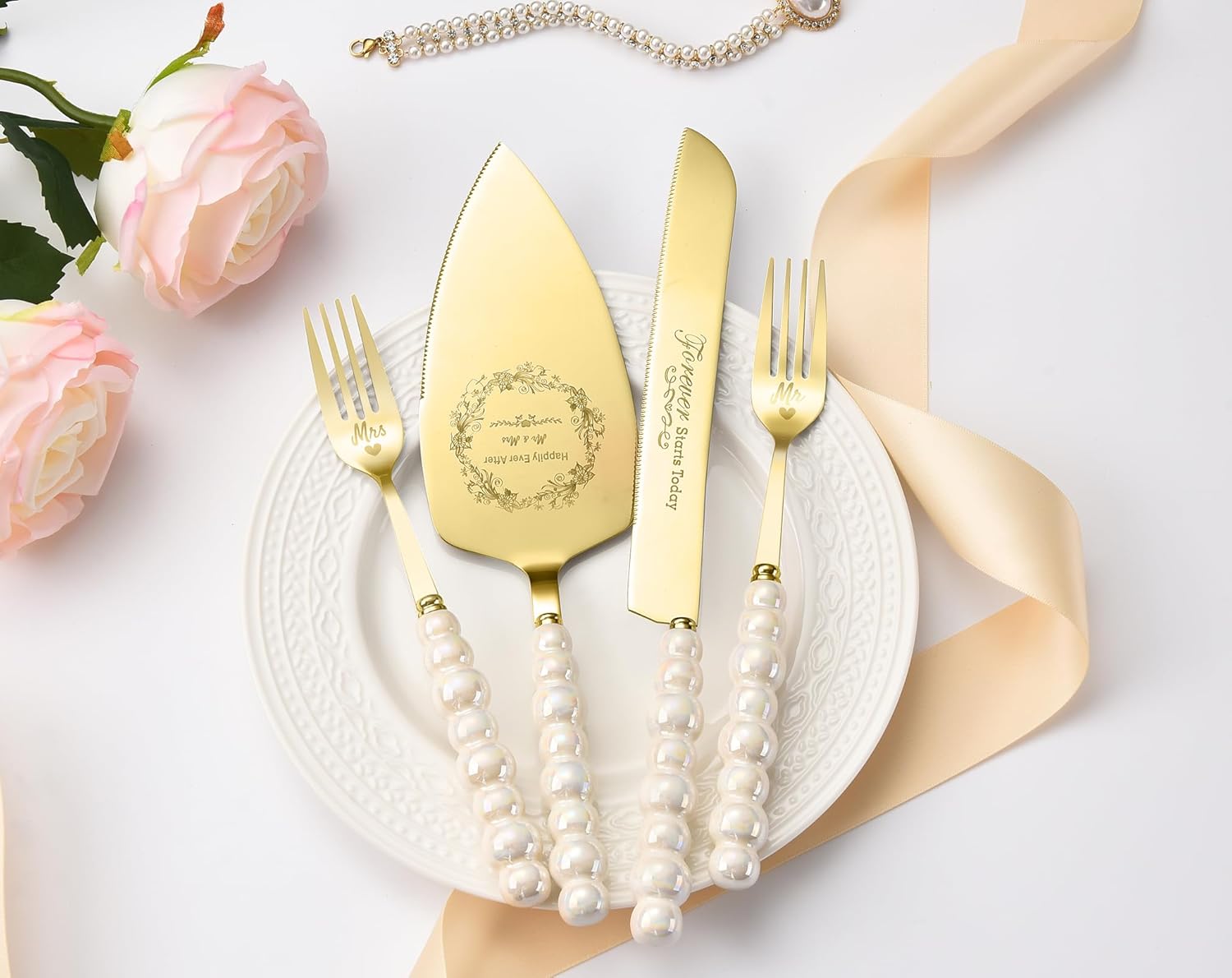 Wedding Cake Knife and Server Set, Gold Ceramic Pearl Handle Cake Cutting Set for Weddings, Engagements, Anniversaries, and Engagement Gifts for Couples