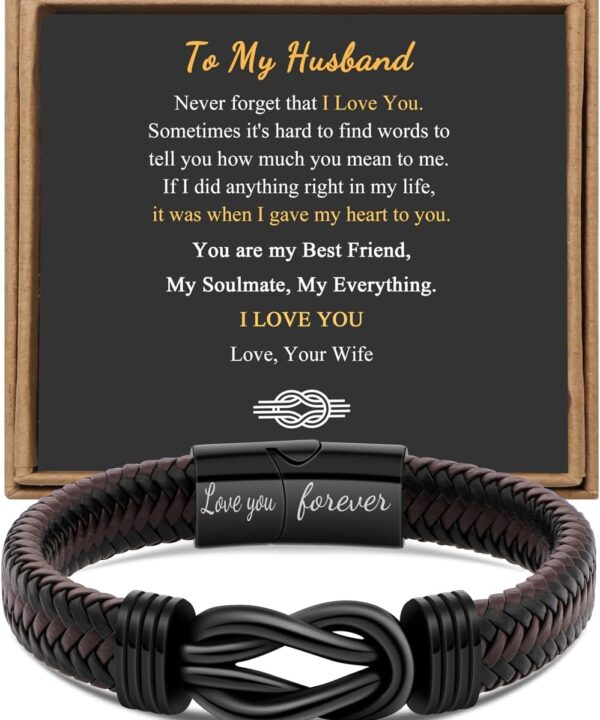 Gift for Men Infinity Bracelet for Men Dad Husband Boyfriend Son Grandson Brother Nephew Uncle Brown Braided Leather Forever Linked Together Stainless Steel Engraved with Love You Forever Jewelry 7.5|8.5|9 Inches