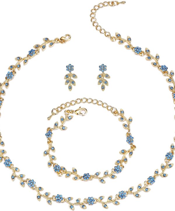 BriLove Wedding Jewelry Set for Women Bride, Gorgeous Stunning Crystal Flower Leaf Cluster Choker Necklace Link Bracelet Stud Earrings Bridal Bridesmaid