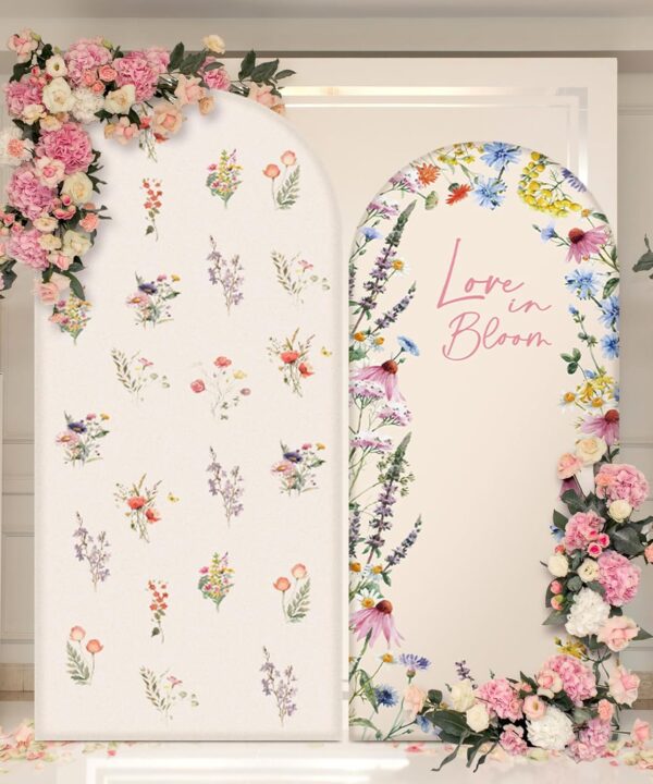 Chunful 2 Pcs Love in Bloom Bridal Shower Decorations 2-Sided Round Top Cute Wildflower Backdrop Arch Cover for Wedding Bridal Bride-to-be Engagement Wedding Party Supplies 6 ft/7.2 ft (Pink)