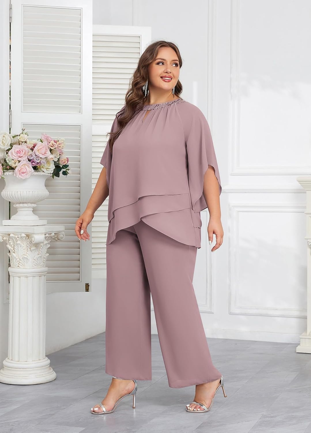 Hanna Nikole Mother of Bride Pant Suits Plus Size Half Sleeve 2 Piece Chiffon Pantsuit Formal Wedding Guest Outfit