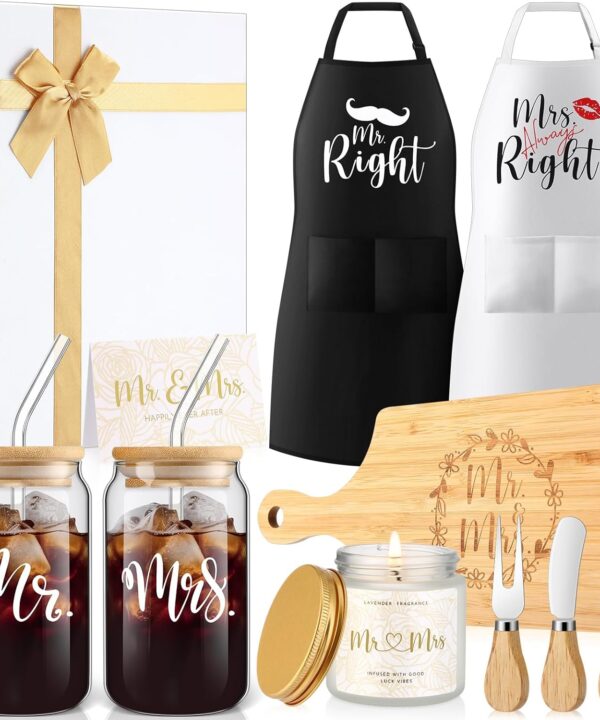 12 Pcs Wedding Gifts for Couples Valentine Mrs Always Right Glass Cups Aprons Charcuterie Board Candle Butter Knife Box for Newlywed Bridal Shower Engagement Anniversary His Her