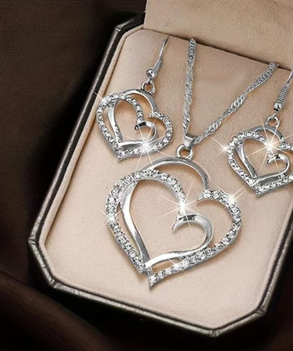 4PCS/Pack Luxury Double Heart Jewelry Set for Women, Hollow Big & Small Heart Crystal Zircon Necklace Earrings Bracelet Set, Elegant Gold Wedding Jewelry Valentine's Day Gifts