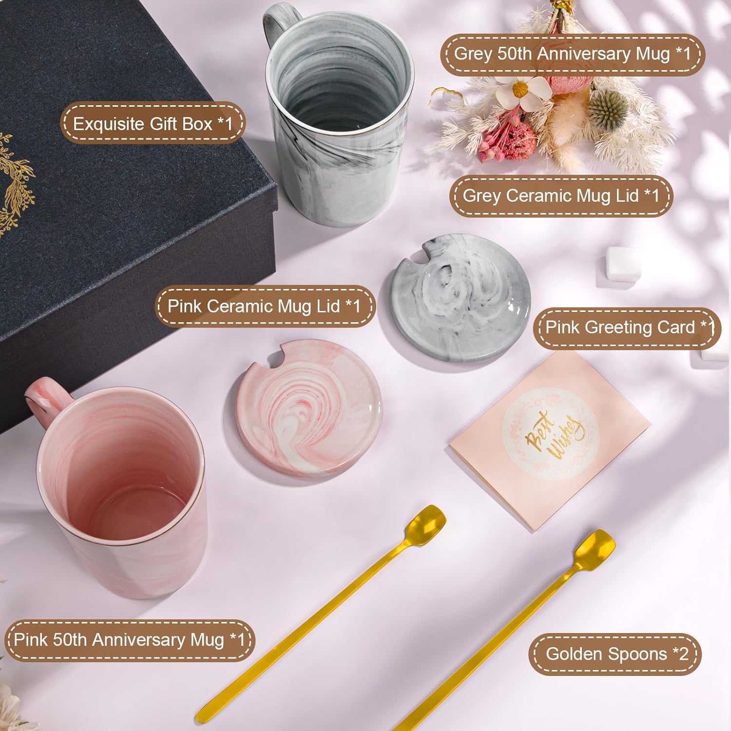 Biching 50th Wedding Anniversary for Couples, Golden 50th Anniversary Mugs Gifts for Parents Grandparents, 14Oz 50th Wedding Couple Mugs with Spoons, Lids, Greeting Card, Gift Box