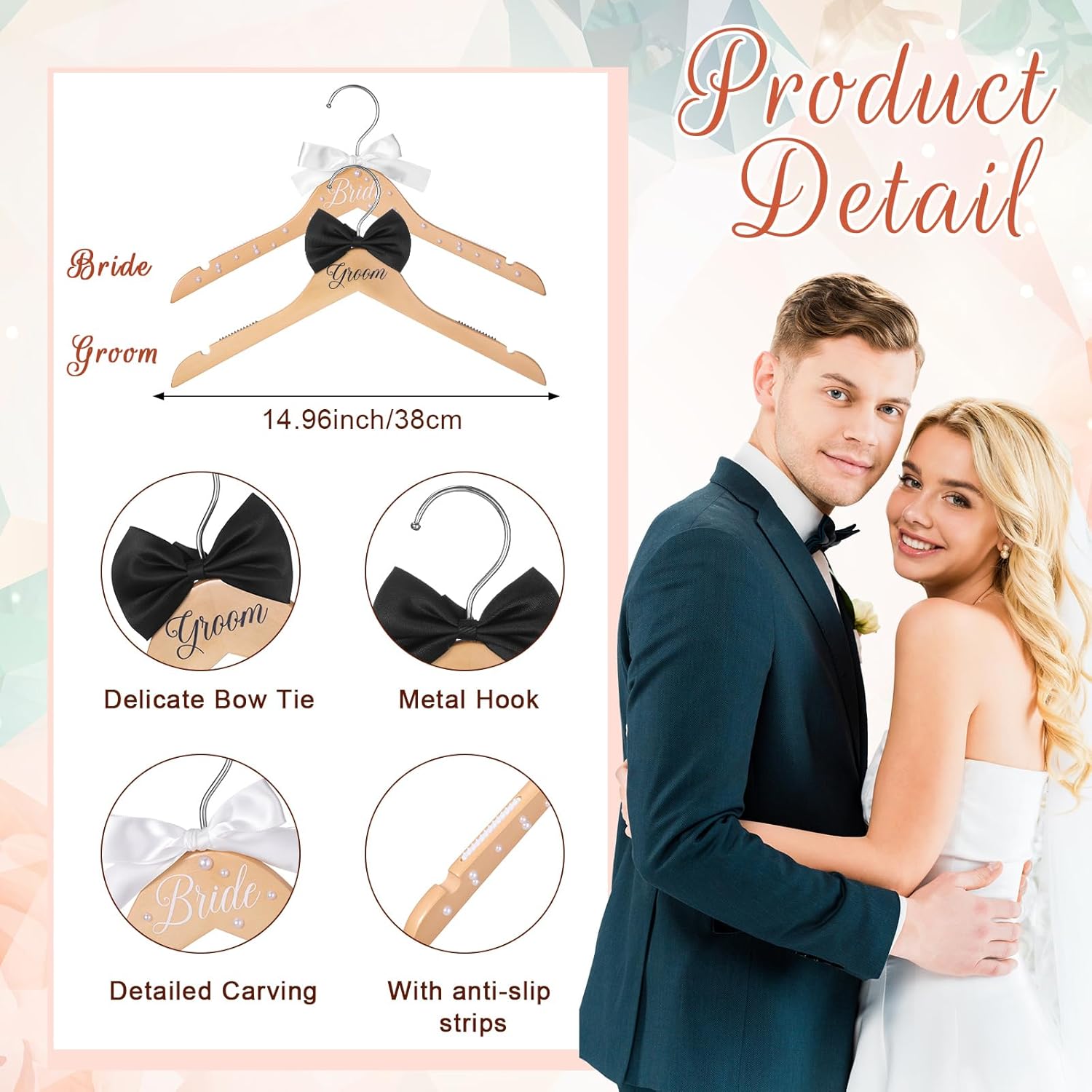 2 Pcs Bride and Groom Wooden Hangers with Bow Tie Wedding Hangers for Tuxedo Favors Wedding Gift Bridal Party Shower(Fresh)