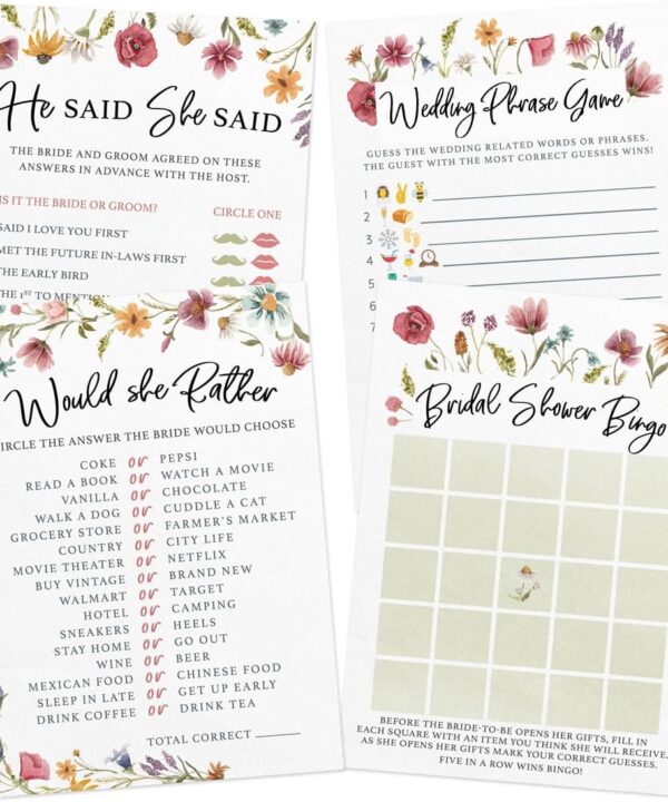 Printed Party Bridal Shower Game Set  4 Fun Games and Activities for 30 Guests, Includes Bingo, He Said She Said, Bride & Groom Trivia, and Wedding Phrase Guessing Game, Love In Bloom Wildflower Design