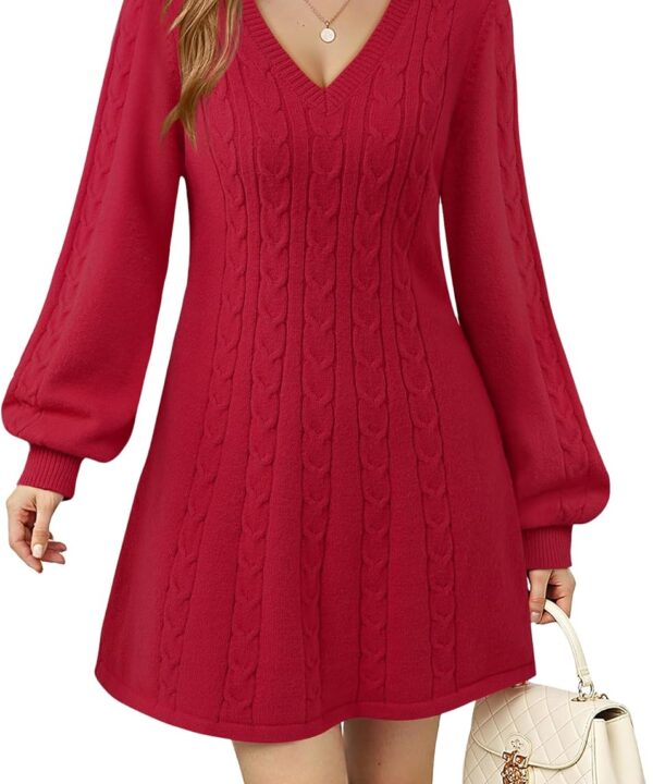 Womens V Neck Long Sleeve Cable Knit Fall Dresses Elegant Babydoll Sweater Dress