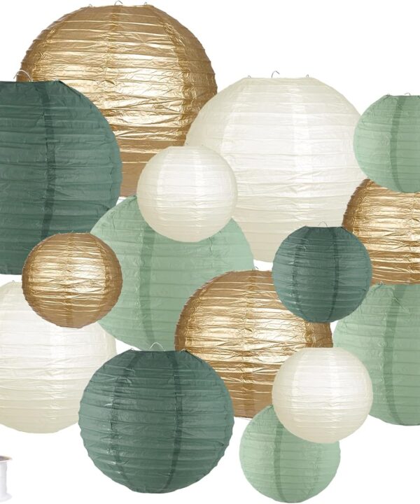 Paper Lanterns Decorative, Round Hanging Paper Lanterns Decorations for Rustic Party Bridal Shower Wedding Sage Green Birthday Party Supplies Gold/Ivory/Sage Green 15pcs