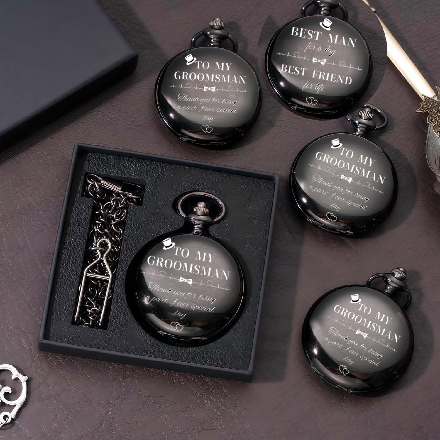 Groomsman Gifts for Wedding Engraved Pocket Watch Best Man Ring Bearer Groom Bride Father Roman Numerals Quartz Pocket Watches Wedding with Chain (1PCS 3PCS 4PCS 5PCS 6PCS)