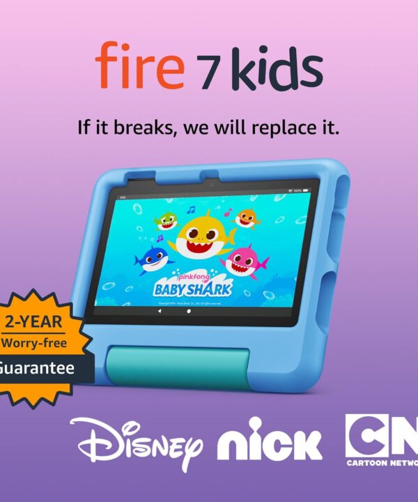 Amazon Fire 7 Kids tablet (newest model) ages 3-7. Top-selling 7" kids tablet on Amazon. Includes 6 months of ad-free and exclusive content, easy parental controls, 10-hr battery, 16 GB, Blue